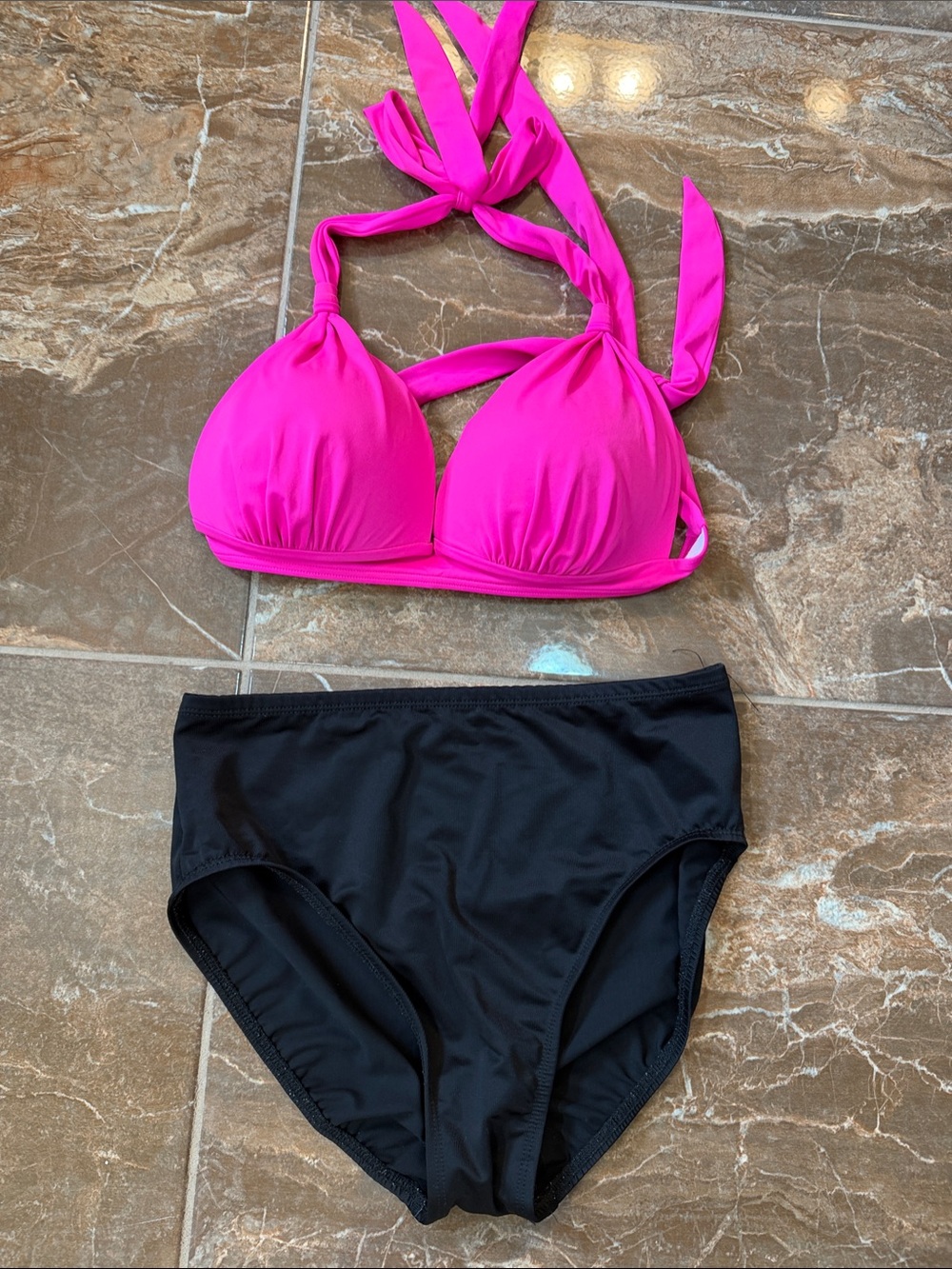 Women's Two-Piece Halter Bikini Set - Hot Pink Top Black Bottoms